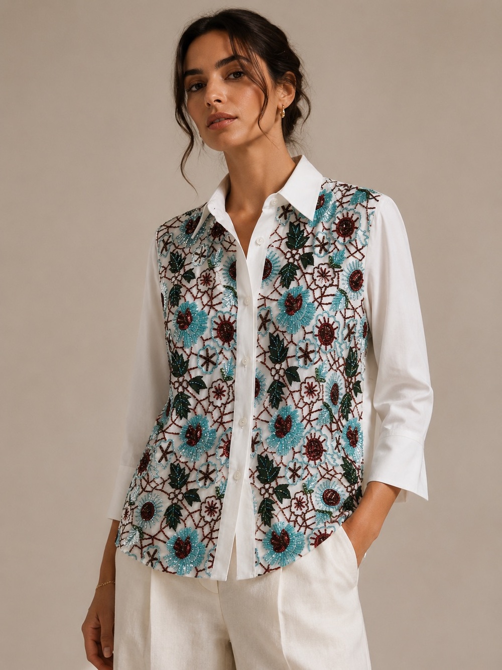 Dolce & Gabbana Hand-Beaded Floral Button Down Shirt 44 / US 8